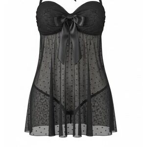 Y2K Victoria's Secret Sheer Silk Heart Mesh Babydoll Top Lingerie XL Black Bow